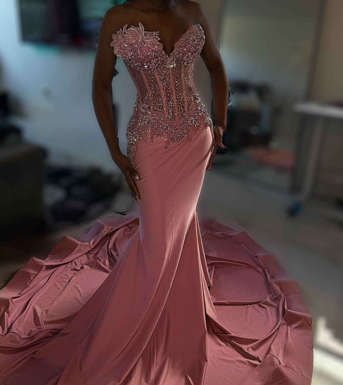 Dusty Rose Beaded Floral Mermaid Prom Dress With Ruffled Train