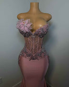 Dusty Rose Beaded Floral Mermaid Prom Dress With Ruffled Train