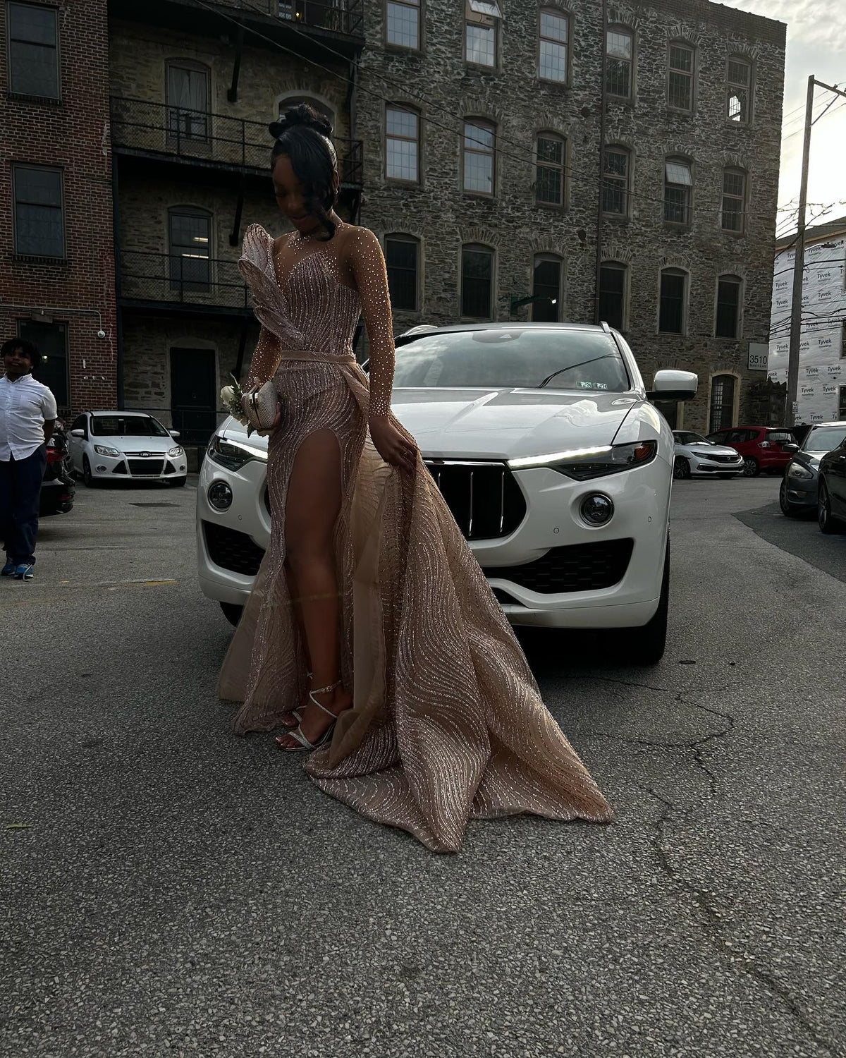 Rose Gold Beaded Mermaid Prom Dress With Long Sleeves And High Slit