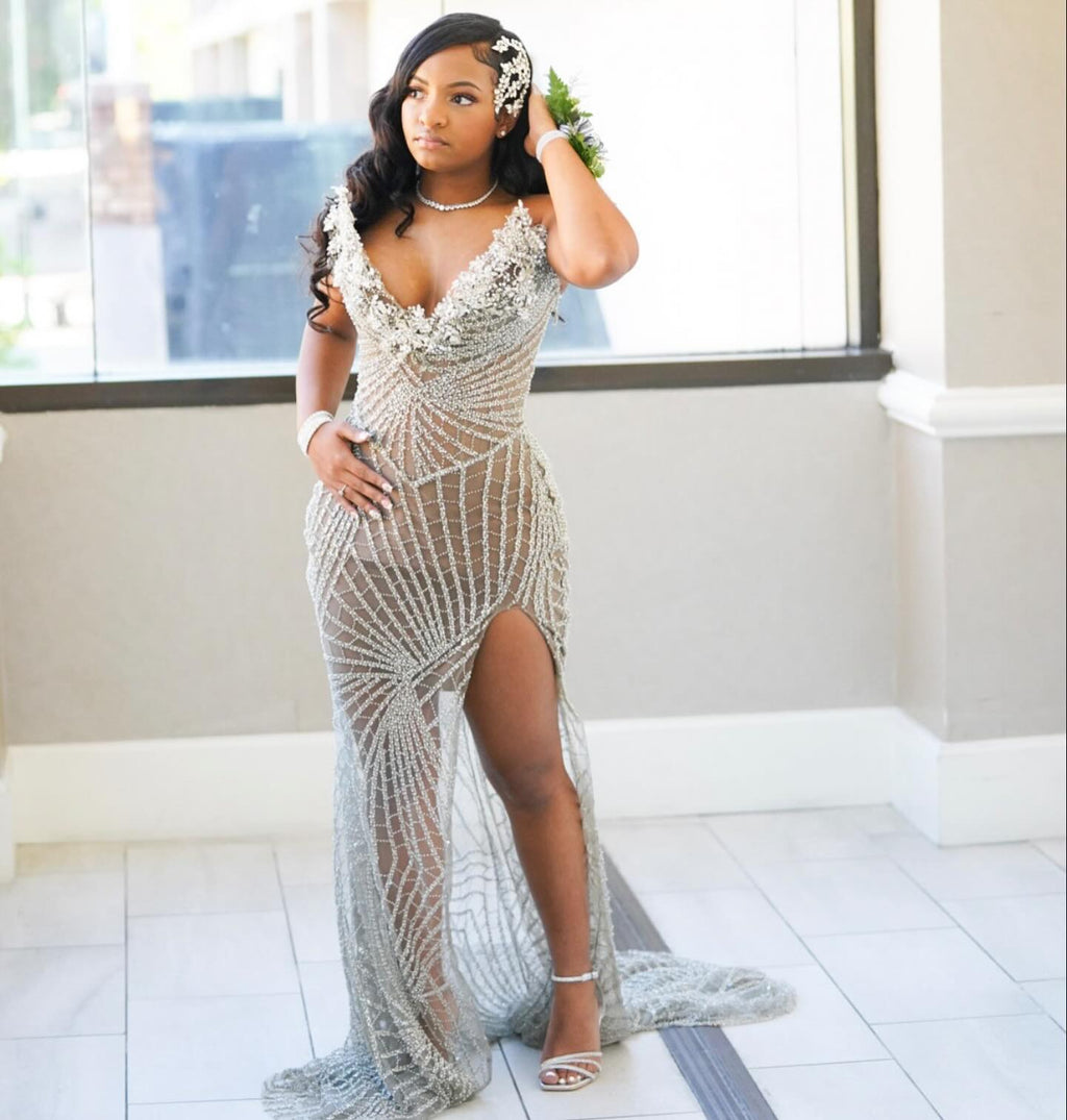 Champagne Radiance Art Deco Beaded Prom Dress With 3D Florals And High Slit