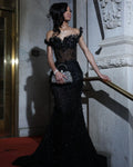Luxury Black Sequin Mermaid Prom Dress – Illusion Corset Bodice with 3D Beaded Lace & Off-the-Shoulder Detail | 2026 Gothic Glamour Evening Collection