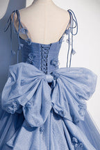 Tulle Long A-Line Prom Dress Blue Spaghetti Straps Party Dress with Bow