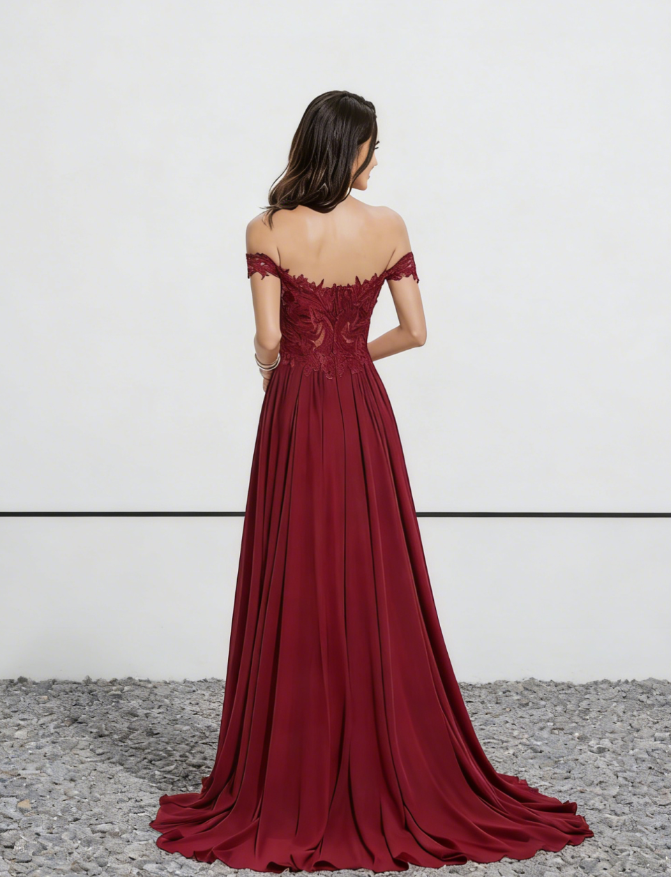Burgundy Off-the-Shoulder Lace Chiffon Maxi Dress with High Slit & Train