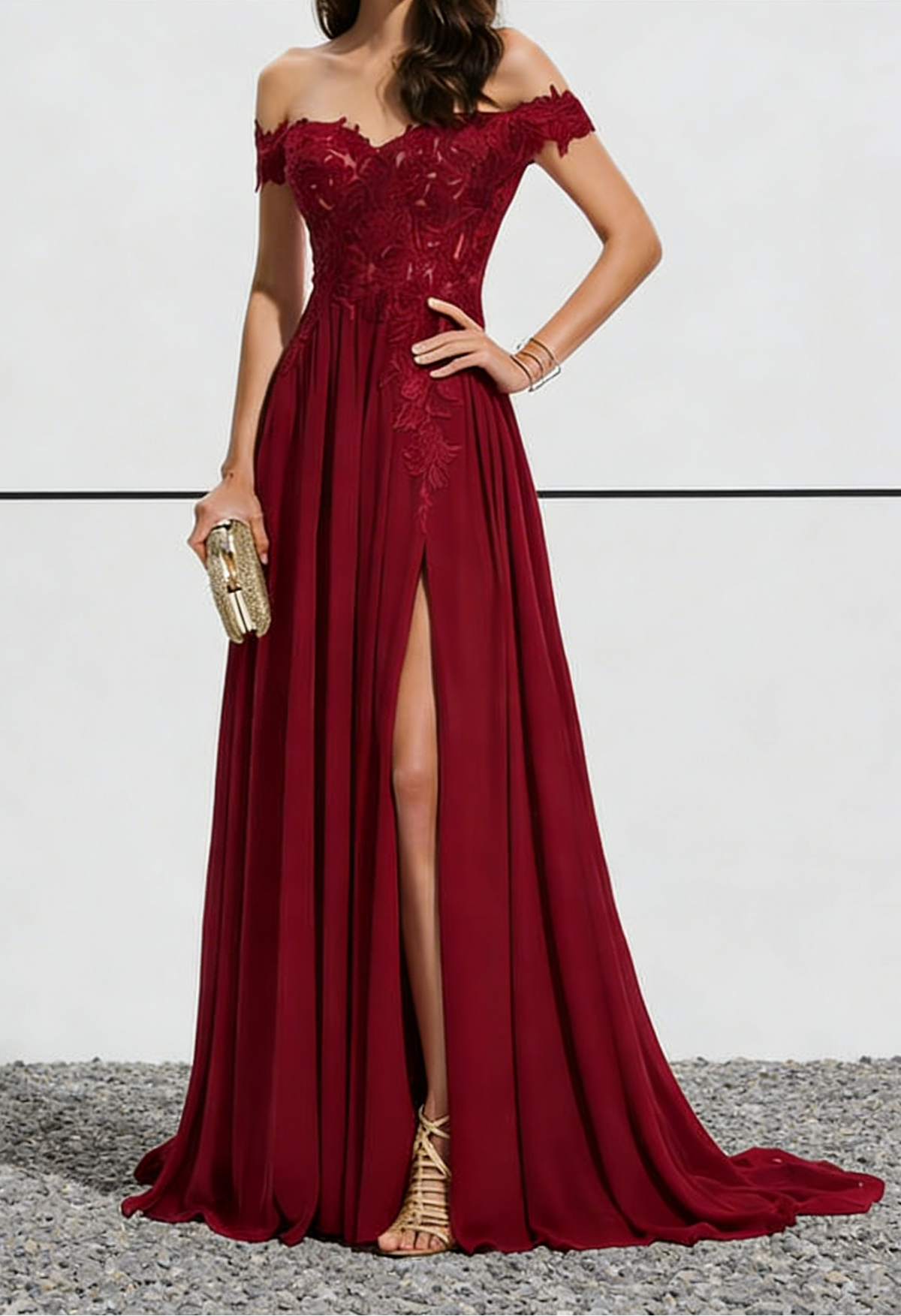 Burgundy Off-the-Shoulder Lace Chiffon Maxi Dress with High Slit & Train