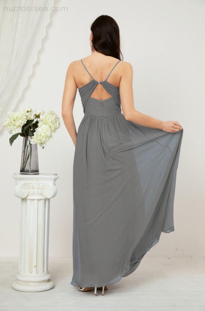 Neck Bridesmaid Dresses Chiffon Long Spaghetti A-line Formal Prom Gown for Wedding Party Evening 2801