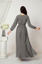 Evening Dresses Deep V-Neck Chiffon Bridesmaid Dresses Long Bishop Sleeve Side Split Formal Dress 2806