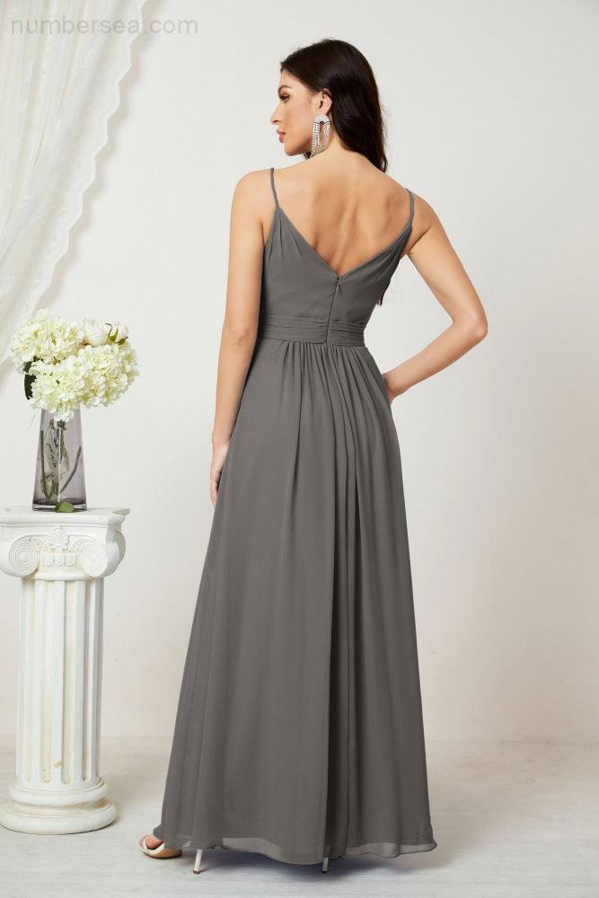 Chiffon V-Neck Bridesmaid Dress Spaghetti Strap Long Formal Party Prom Gowns with Slit 28010