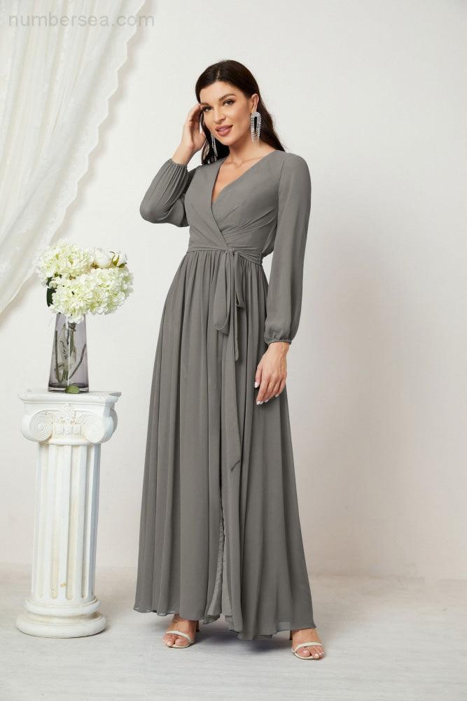 Evening Dresses Deep V-Neck Chiffon Bridesmaid Dresses Long Bishop Sleeve Side Split Formal Dress 2806