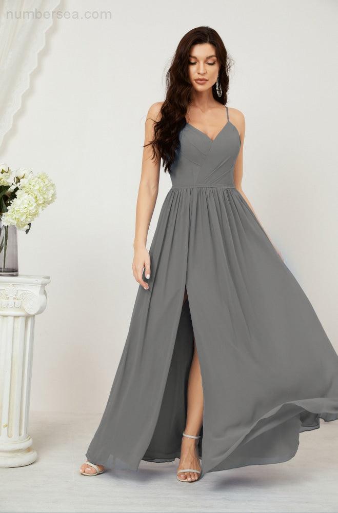 Neck Bridesmaid Dresses Chiffon Long Spaghetti A-line Formal Prom Gown for Wedding Party Evening 2801