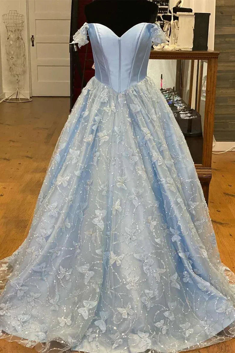 A Line Off the Shoulder Satin Lace Prom Dress