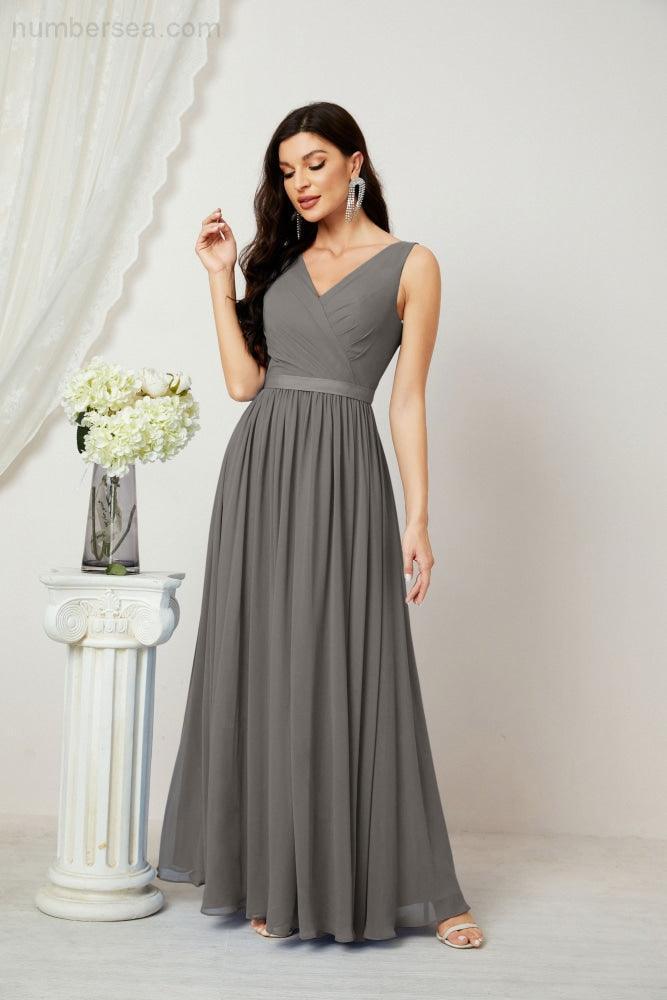 Abiti lunghi da damigella in chiffon da donna, linea a, senza maniche, abito formale da ballo per serata, abiti per festa di ritorno a casa 2808