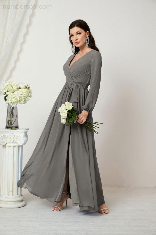 Evening Dresses Deep V-Neck Chiffon Bridesmaid Dresses Long Bishop Sleeve Side Split Formal Dress 2806