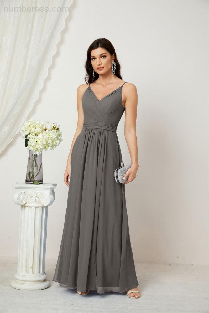 Chiffon V-Neck Bridesmaid Dress Spaghetti Strap Long Formal Party Prom Gowns with Slit 28010