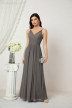 Chiffon V-Neck Bridesmaid Dress Spaghetti Strap Long Formal Party Prom Gowns with Slit 28010