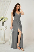 Neck Bridesmaid Dresses Chiffon Long Spaghetti A-line Formal Prom Gown for Wedding Party Evening 2801