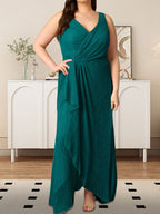 A-Line V-Neck Ruched Metallic Mesh Dress