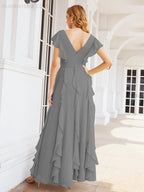 Ruffled Bridesmaid Dresses with Sleeves Long Formal Party Dress 28041