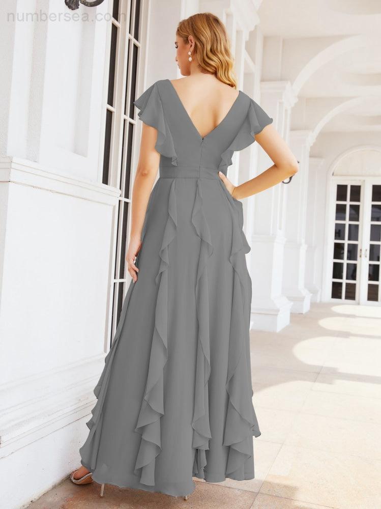 Ruffled Bridesmaid Dresses with Sleeves Long Formal Party Dress 28041