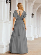 Abiti da sera formali da donna Numbersea con schiena scoperta, scollo a V, lunghi in chiffon, abiti da damigella con cintura in vita 28038