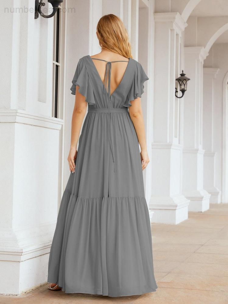 Abiti da sera formali da donna Numbersea con schiena scoperta, scollo a V, lunghi in chiffon, abiti da damigella con cintura in vita 28038