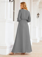 Vestito da damigella d'onore in chiffon da donna Numbersea, linea a trapezio, maniche lunghe, abito lungo formale da sera per ospite di matrimonio 28032