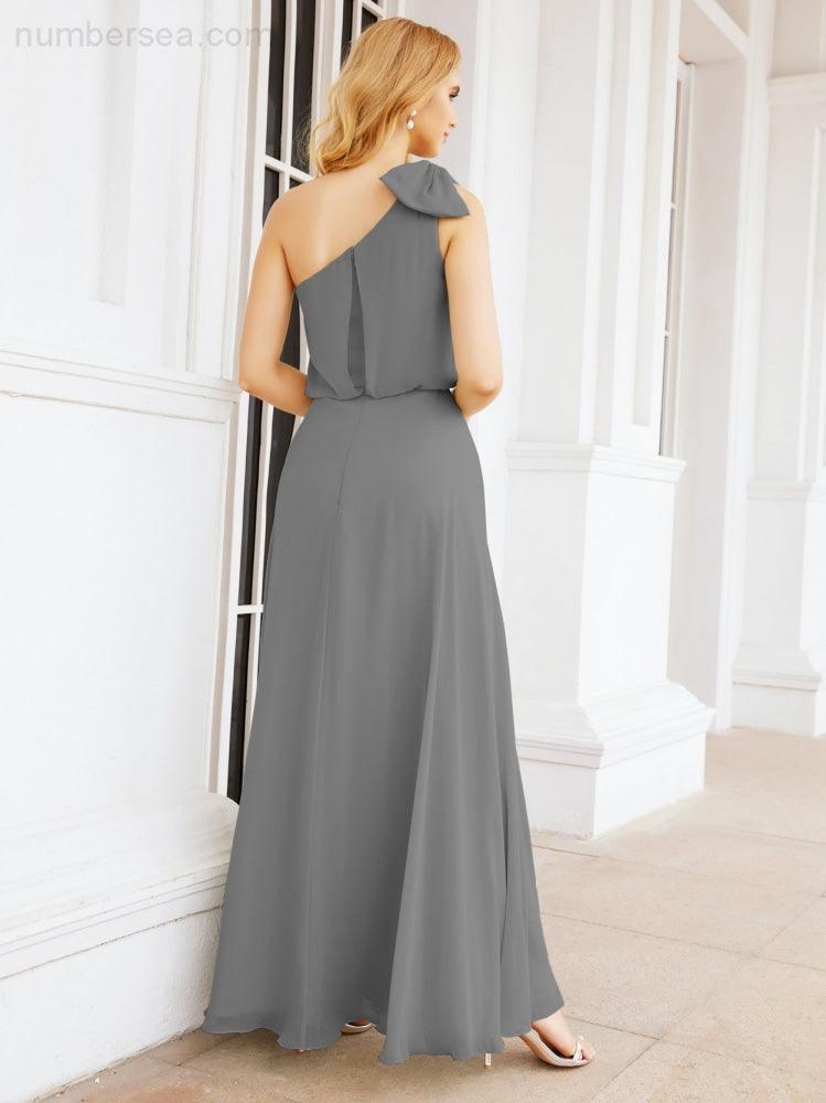 Chiffon Ruffled One Shoulder Sleeveless Long Bride Dresses A-line Formal Evening Gown Side Split 28057