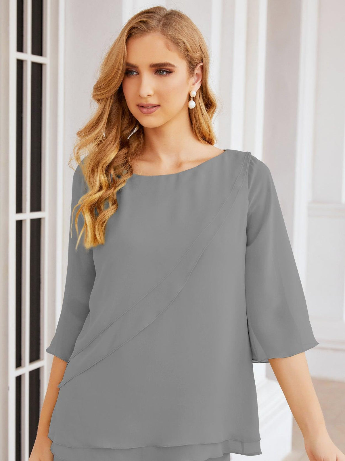 Numbersea Elegantes 2-teiliges Kleid für die Brautmutter Große Größen Hosenanzug mit Rüschenschichten Silberner Hausmantel 28064