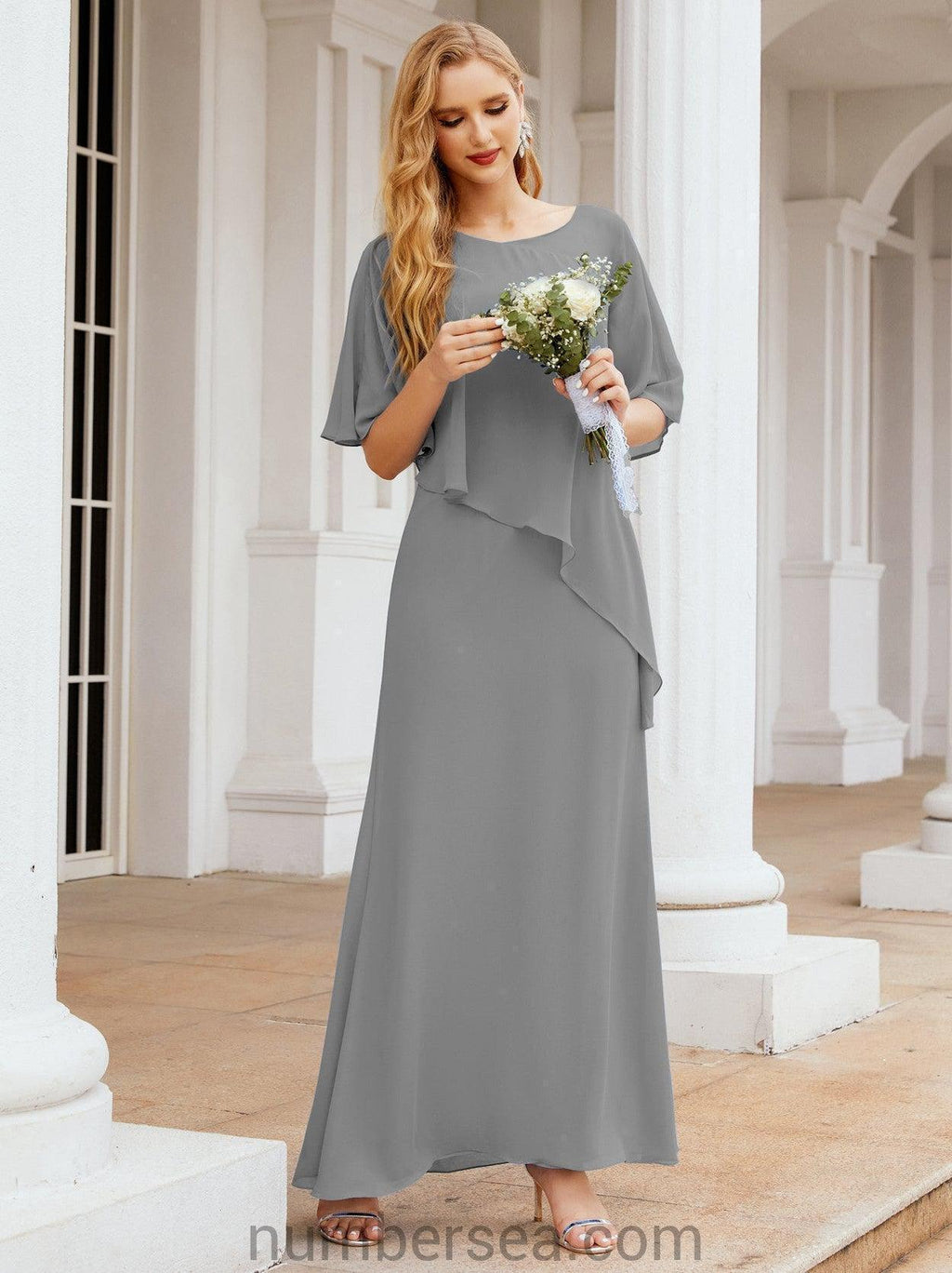 Numbersea Festliches Abendkleid Lang Mutter der Braut Kleid mit Rüschencape 28026
