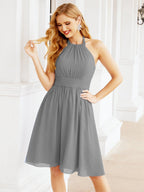 Halter Chiffon Bridesmaid Dresses Short Sleeveless Formal Party Dress Open Back 28023