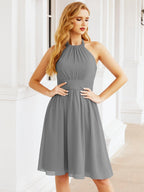 Halter Chiffon Bridesmaid Dresses Short Sleeveless Formal Party Dress Open Back 28023