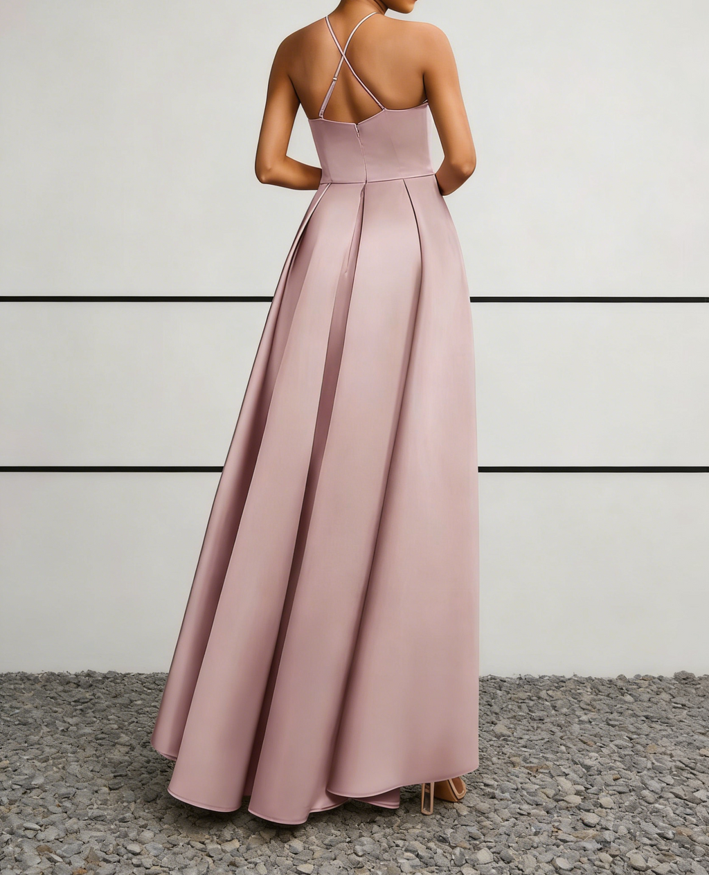 Blush Pink Satin Halter Neck High-Low Maxi Dress with Crisscross Back