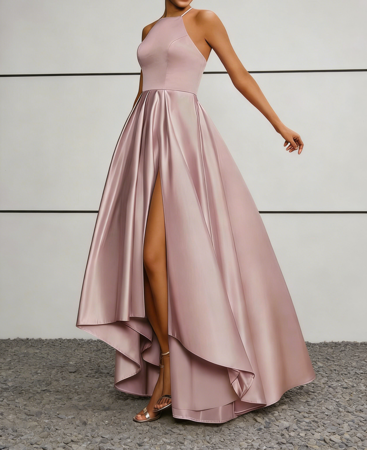 Blush Pink Satin Halter Neck High-Low Maxi Dress with Crisscross Back
