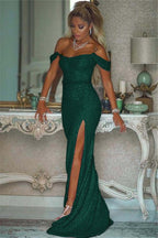 Pink Sequins Off Shoulder Mermaid Prom Dress With Slit Custom Colors And Sizing