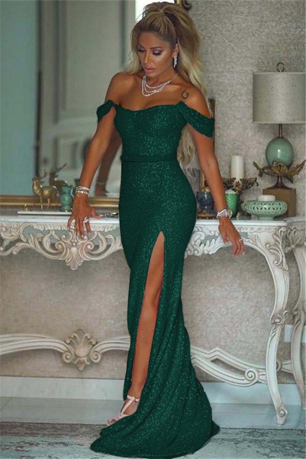 Pink Sequins Off Shoulder Mermaid Prom Dress With Slit Custom Colors And Sizing