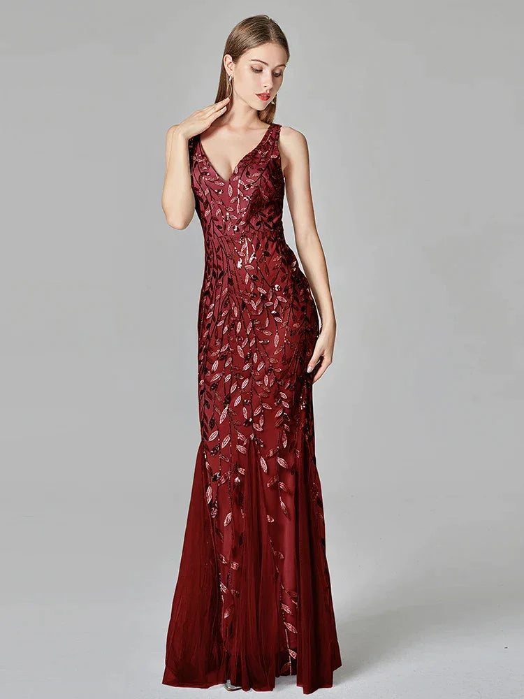 Vestidos de Noite Elegantes em Cinzento Prateado Moda Sexy Simples com Decote em V Costas Descobertas Sem Mangas Bordado com Contas Vestido Cauda de Peixe SYP191