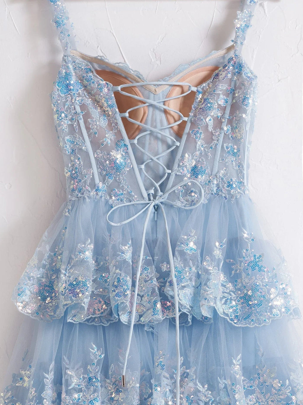 Capri | Blue Crystal Sequins Princess A Line Off the Shoulder Prom Dress with Lace Ruffles