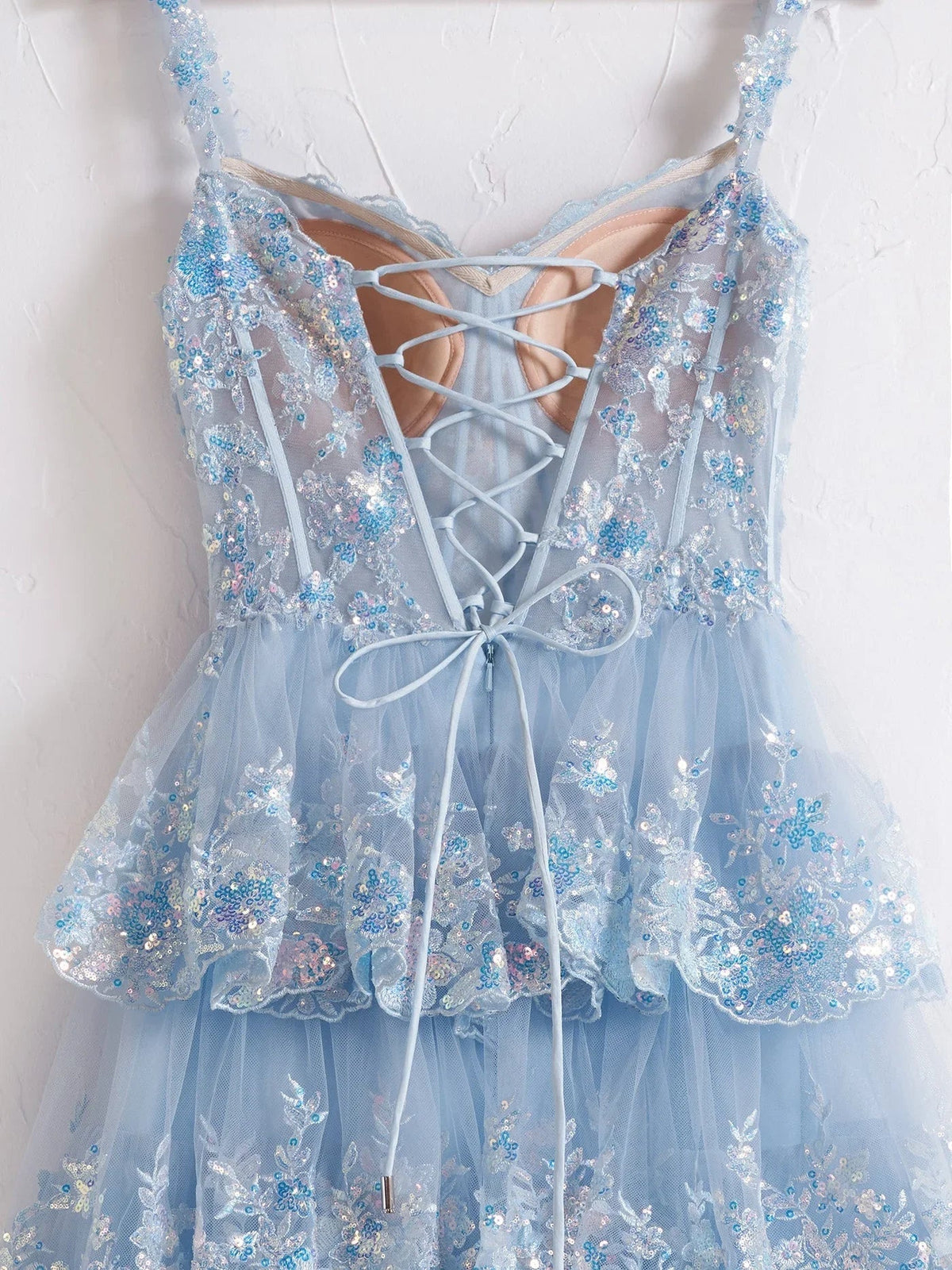 Capri | Blue Crystal Sequins Princess A Line Off the Shoulder Prom Dress with Lace Ruffles