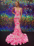 Bailey | Pink V Neck Sequin Lace Mermaid Prom Dress