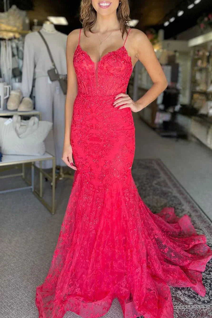 Kanika | Vestidos de fiesta con escote en V, encaje y corte sirena en rosa fuerte