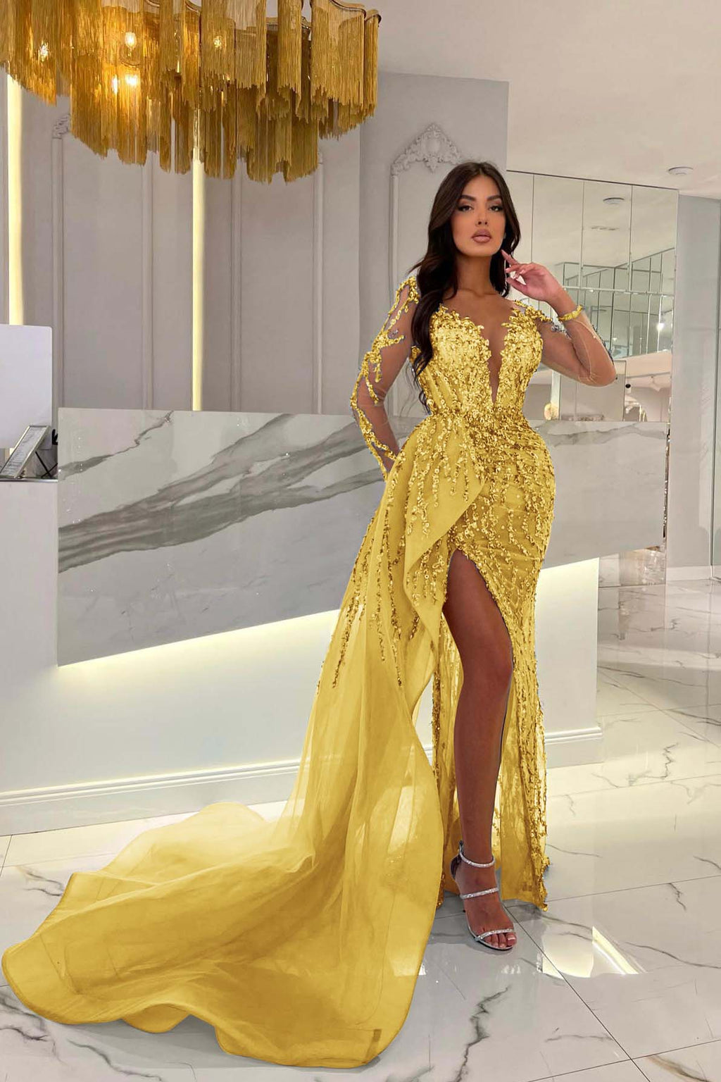 Shiny Blue Split Long Sleeves Mermaid Beaded Prom Dress With Appliques Tulle
