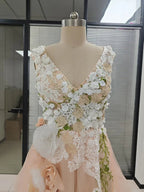Elegant Tulle A-line V-neck Floral Lace Prom Dresses Formal Evening Party Gown