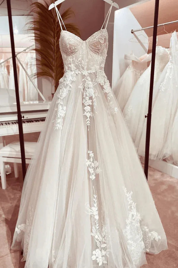 Vestido de Noiva Princesa em Renda Robe Nupcial 2024 Vestido com Alças Finas Cauda de Capela em Tule Champanhe Vestido de Casamento