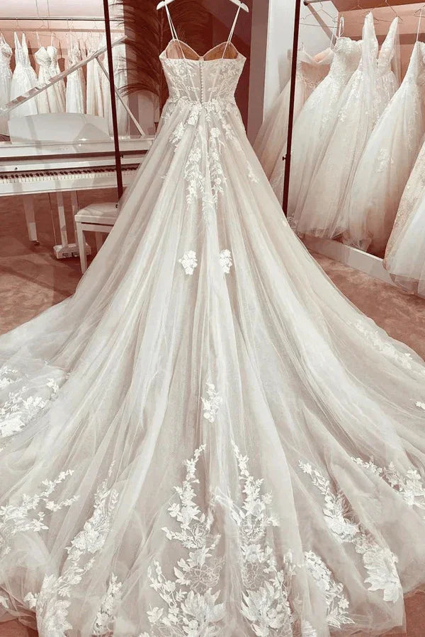 Vestido de Noiva Princesa em Renda Robe Nupcial 2024 Vestido com Alças Finas Cauda de Capela em Tule Champanhe Vestido de Casamento