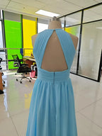 Chiffon Floor Length Prom Dresses A-Line Halter Open Back Pleats