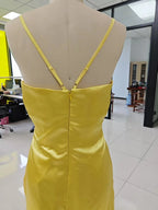 Vestidos de fiesta largos de satén con tirantes finos, línea en A, corsé plisado, para damas de honor, vestido formal con abertura