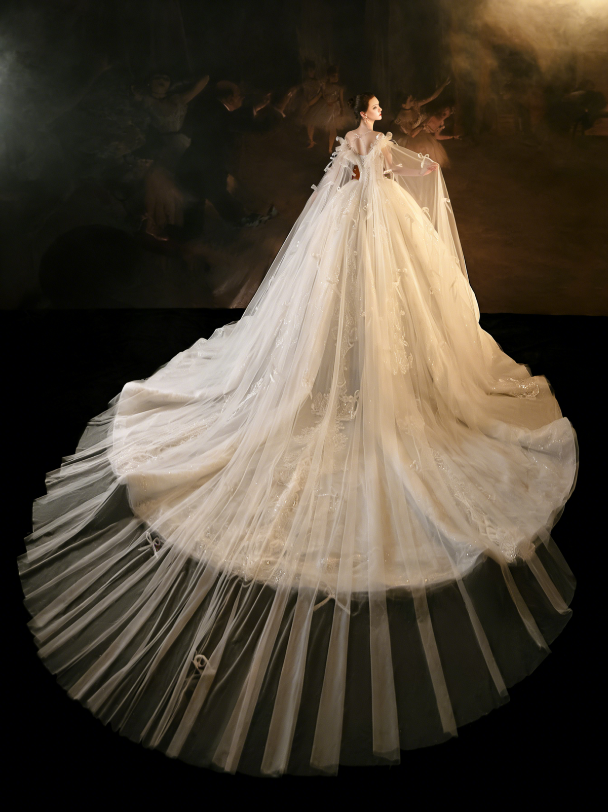 Elegant Off-Shoulder Ball Gown Wedding Dress with Tulle Cape & Bow Details