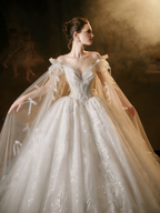 Elegant Off-Shoulder Ball Gown Wedding Dress with Tulle Cape & Bow Details