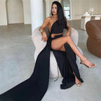 Abito da sera autunnale per donna con spalla obliqua e design sexy a tagli