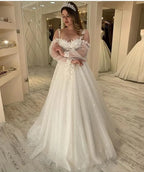 Glitter Spaghetti Straps Sweetheart A Line Long Wedding Dress With Sleeves