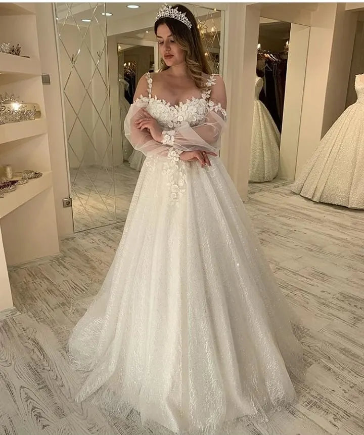 Glitter Spaghetti Straps Sweetheart A Line Long Wedding Dress With Sleeves